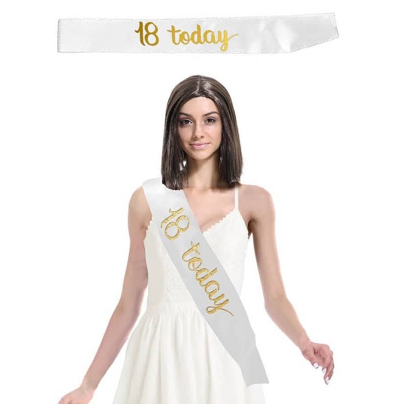 "18 Today" 18th Birthday White Gold Satin Sash 18123-02 - Party Owls