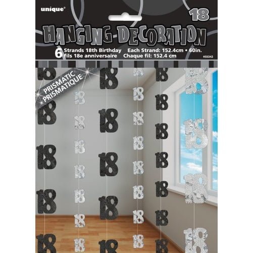 Glitz Black & Silver 18th Birthday Hanging Decorations 1.5m (5') 6pk 55342 - Party Owls