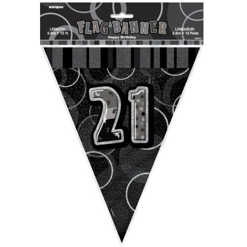 Glitz Black And Silver 21st Birthday Bunting Flag Banner 3.6M (12') - Party Owls