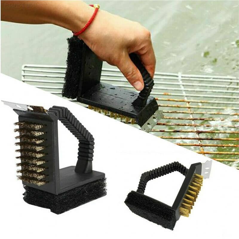 3-in-1 BBQ Brush (Bristles, Scraper & Scrubbing Pad) - Party Owls