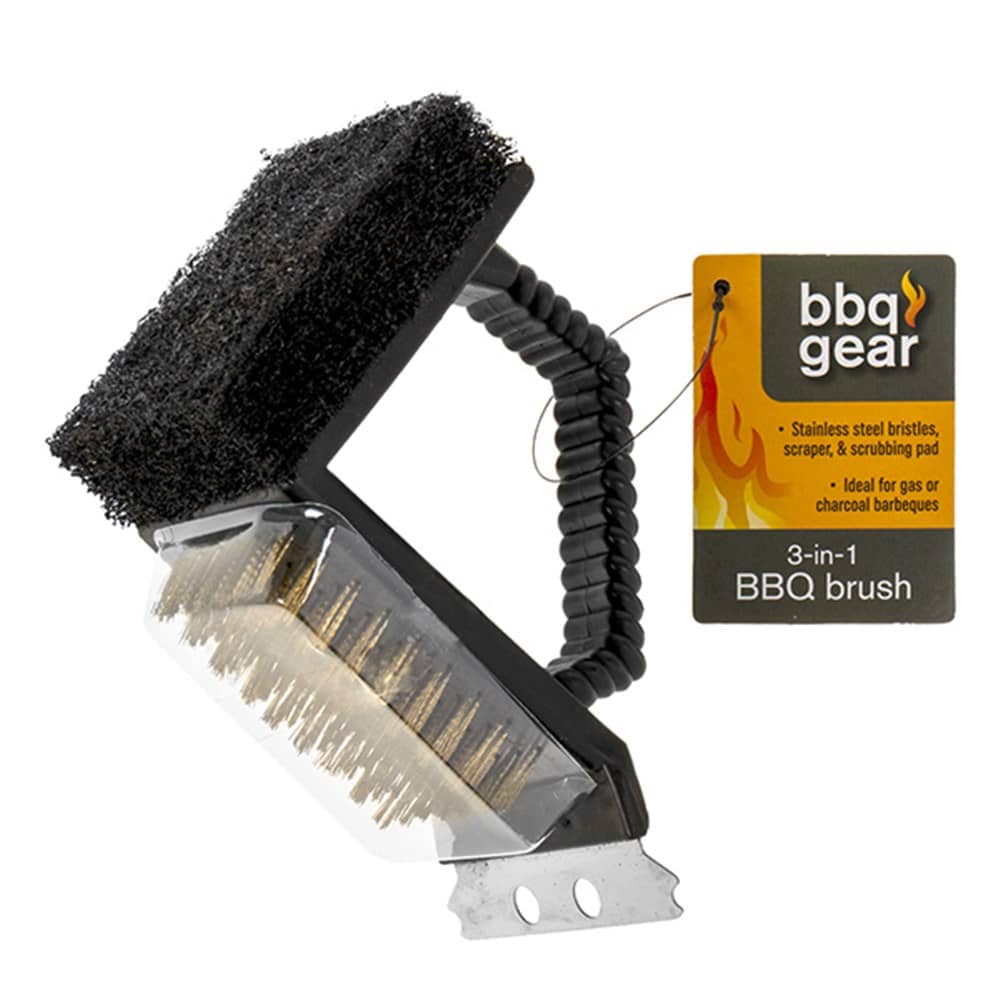 3-in-1 BBQ Brush (Bristles, Scraper & Scrubbing Pad) - Party Owls