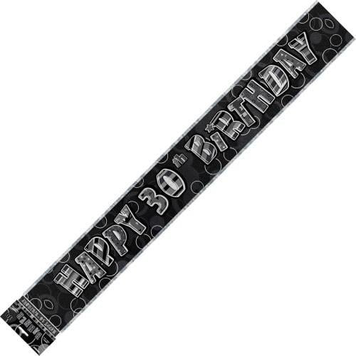 Glitz Black And Silver Happy 30th Birthday Foil Banner 3.6M (12') 90134 - Party Owls