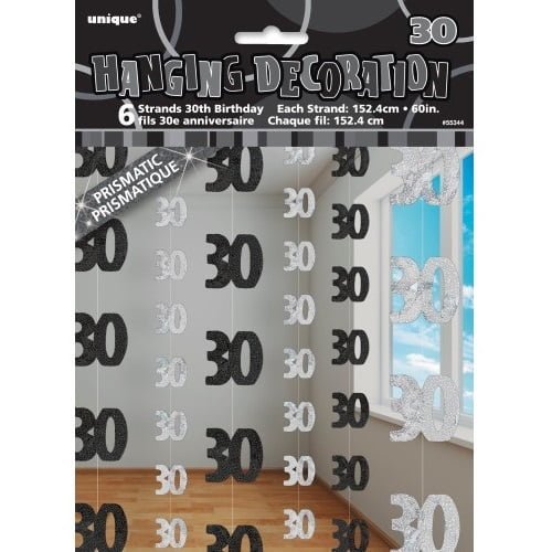 Glitz Black & Silver 30th Birthday Hanging Decorations 1.5m (5') 6pk 55344 - Party Owls