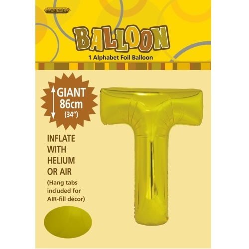 86CM (34") Gold Letter T Giant Jumbo Alphabet Helium Foil Balloon 43179 - Party Owls