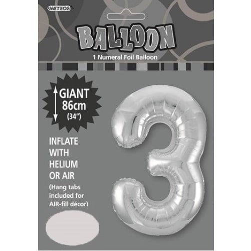 Silver Number 3 Giant Numeral Foil Balloon 86CM (34") 48293 - Party Owls