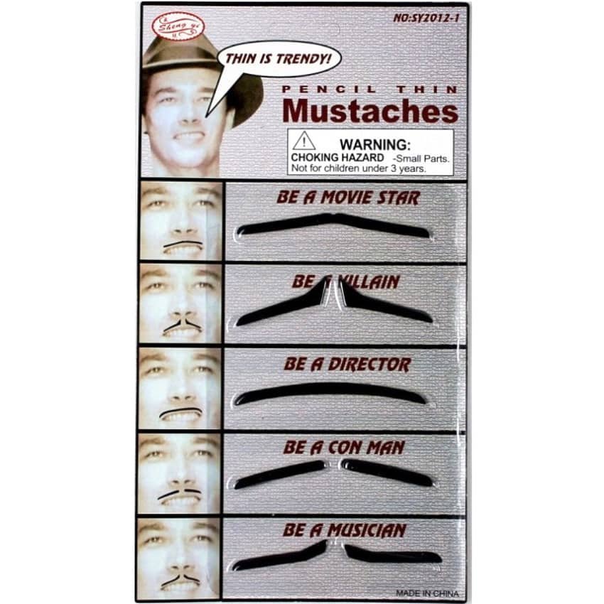 1920's Pencil Thin Black Fake Moustaches Set 5pcs