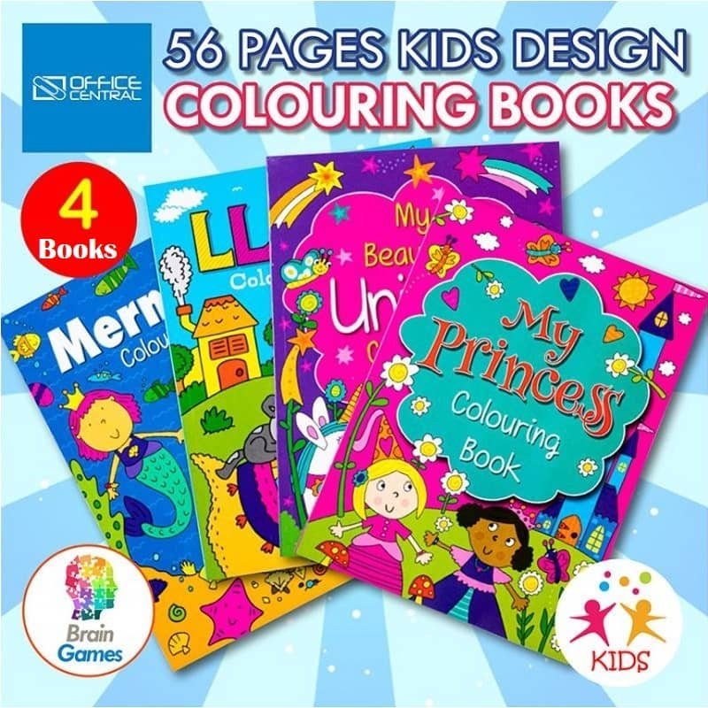 Colouring Books 4pk 56PG Princess Mermaid Unicorn Llama - Party Owls
