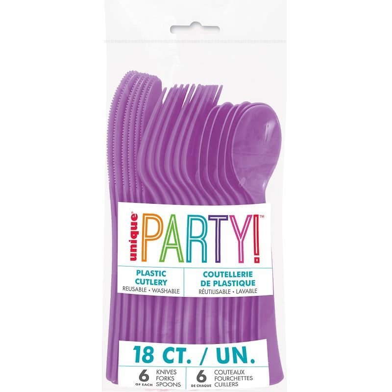 Pretty Purple Solid Colour Plastic Assorted Cutlery 18pk Reusable 39532 - Party Owls