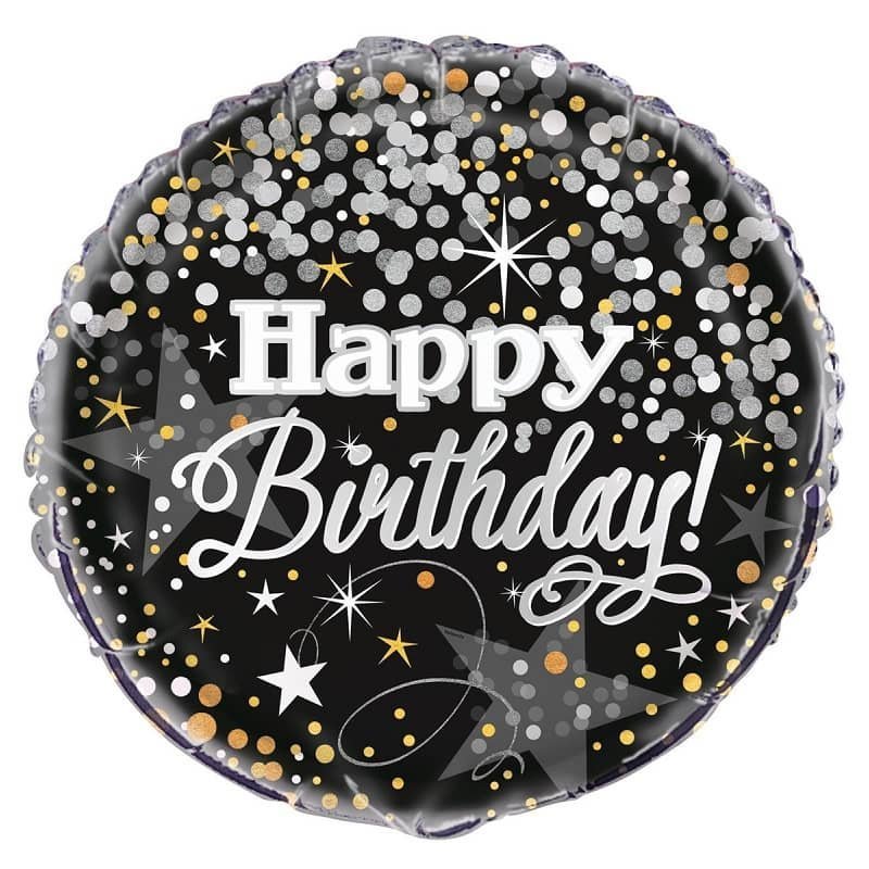 Glittering Black Silver Gold Happy Birthday Foil Balloon 45cm (18") 58287 - Party Owls