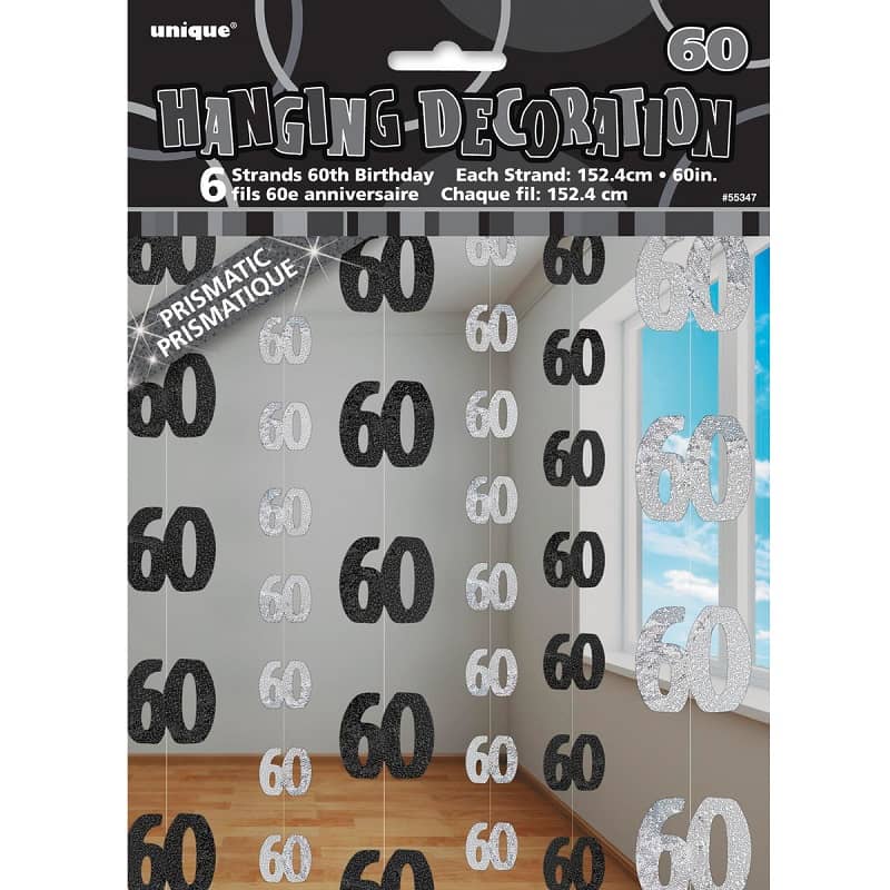 Glitz Black Silver 60th Birthday Hanging Decorations 1.5M 6pk - Party Owls