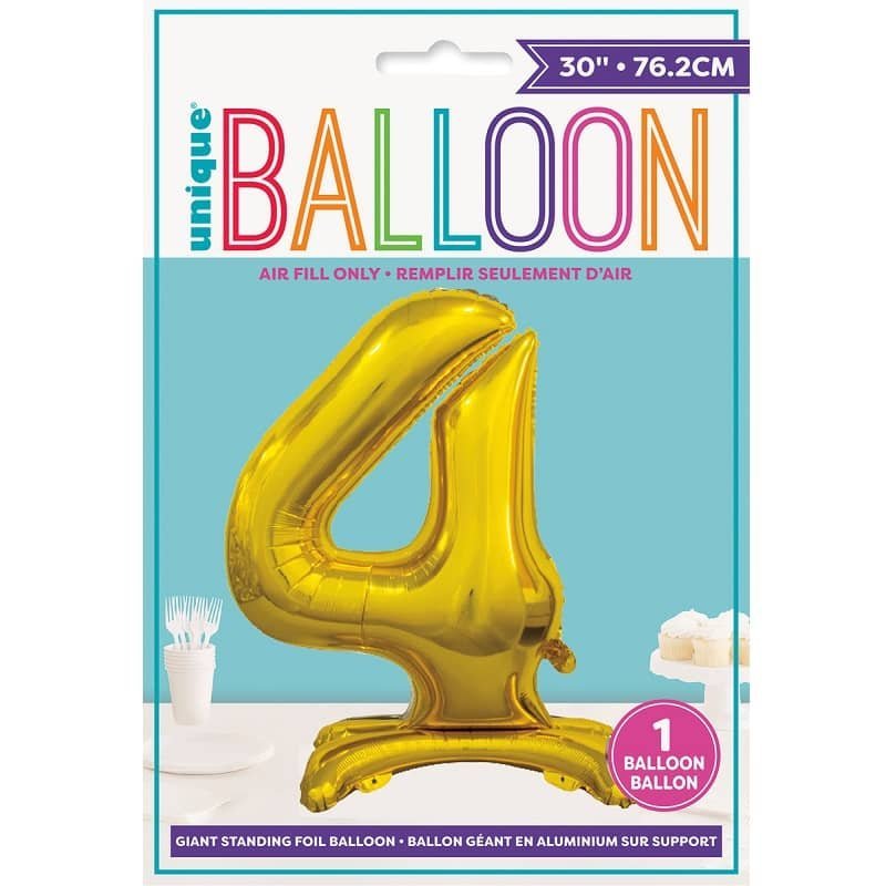 Gold "4" Giant Standing Numeral Foil Balloon 76cm (30") Air Filled Only 13234 - Party Owls