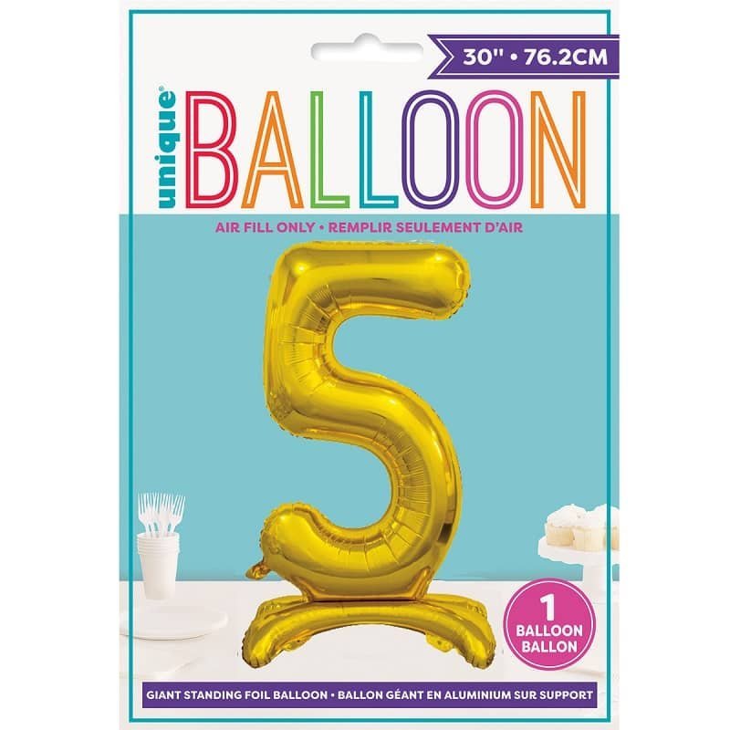 Gold "5" Giant Standing Numeral Foil Balloon 76cm (30") Air Filled Only  13235 - Party Owls