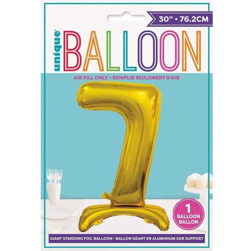 Gold "7" Giant Standing Numeral Foil Balloon 76cm (30") Air Filled Only 13237 - Party Owls