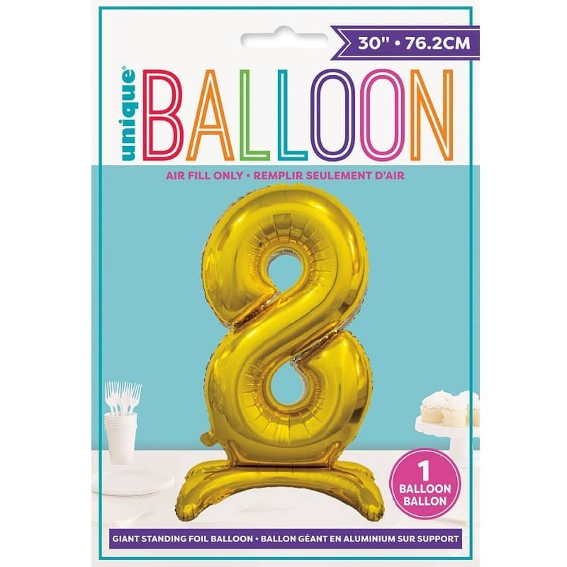 Gold "8" Giant Standing Numeral Foil Balloon 76cm (30") Air Filled Only 13238 - Party Owls