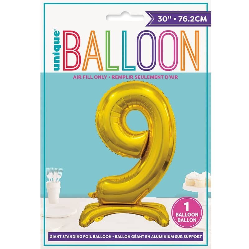 Gold "9" Giant Standing Numeral Foil Balloon 76cm (30") Air Filled Only 13239 - Party Owls