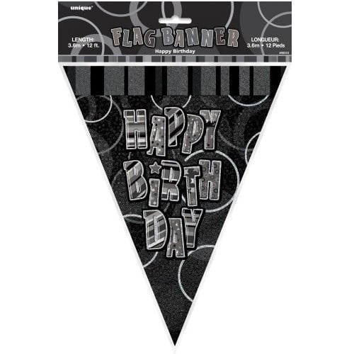 Glitz Black And Silver Happy Birthday Bunting Flag Banner 3.6m(12')   55310 - Party Owls
