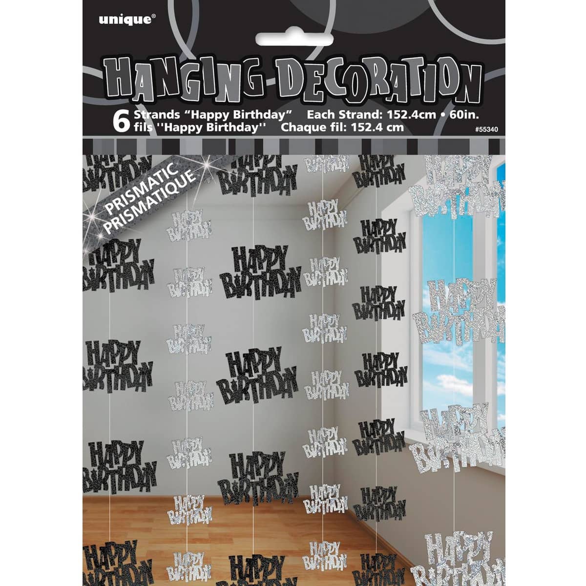 Glitz Black & Silver Happy Birthday Hanging Decorations 1.5m (5') 6pk 55340 - Party Owls
