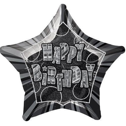 Glitz Black Silver Happy Birthday Star Shape Foil Balloon 50CM (20") - Party Owls