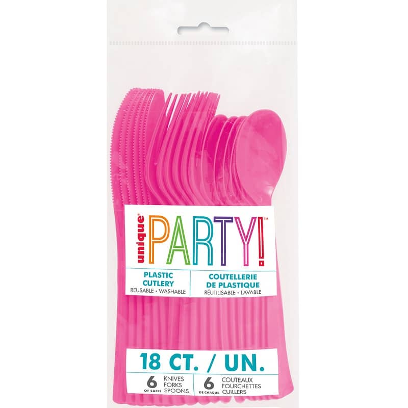 Hot Pink Solid Colour Plastic Assorted Cutlery 18pk Reusable - Party Owls