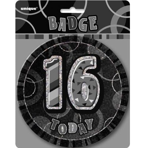 Glitz Black And Silver Jumbo 16th Birthday Badge 15CM    55281 - Party Owls