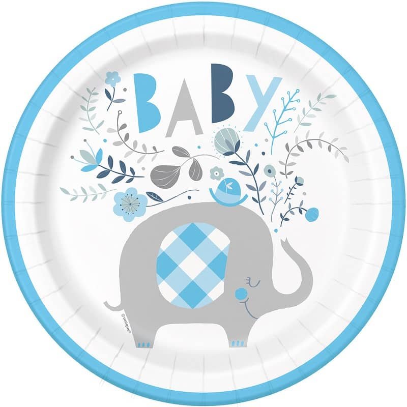 Floral Elephants Blue Large Paper Plates 23cm (9") 8pk Baby Shower 78395 - Party Owls