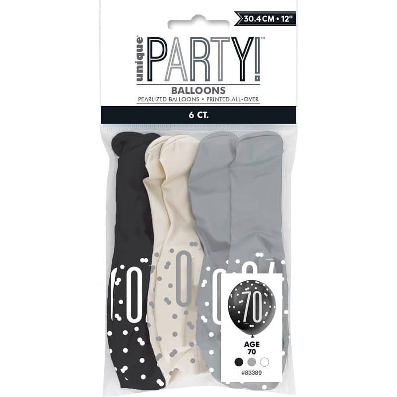 Black Silver White 70th Birthday Latex Balloons 30cm (12") 6pk 83389 - Party Owls