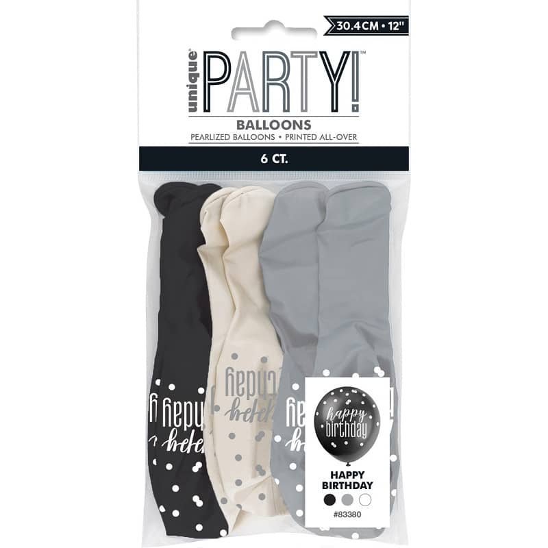 Black Silver White Happy Birthday Latex Balloons 30cm (12") 6pk 83380 - Party Owls