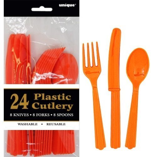 Orange Solid Colour Assorted Cutlery 24pk 3234 - Party Owls