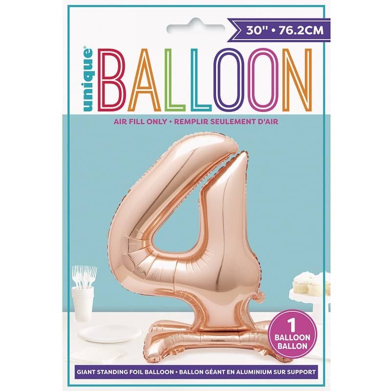 Rose Gold "4" Giant Standing Numeral Foil Balloon 76cm (30") Air Filled Only - Party Owls