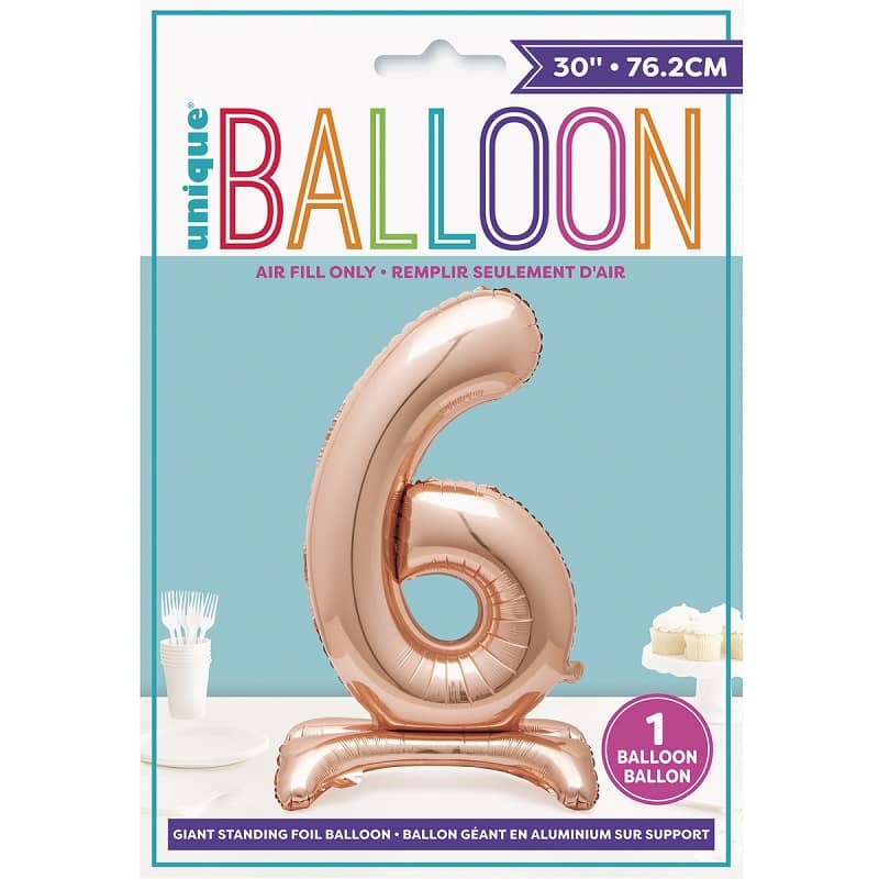 Rose Gold "6" Giant Standing Numeral Foil Balloon 76cm (30") Air Filled Only - Party Owls