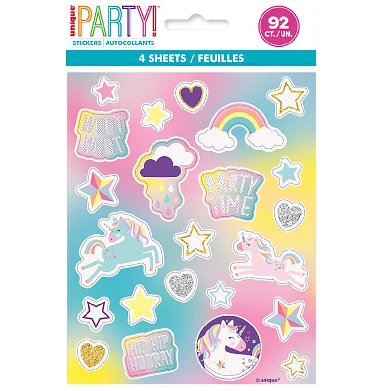 Unicorn Sticker Sheets 92pk (4 Sheets) Party Favours - Party Owls