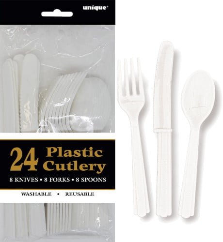 White Solid Colour Plastic Assorted Cutlery 24pk - Party Owls
