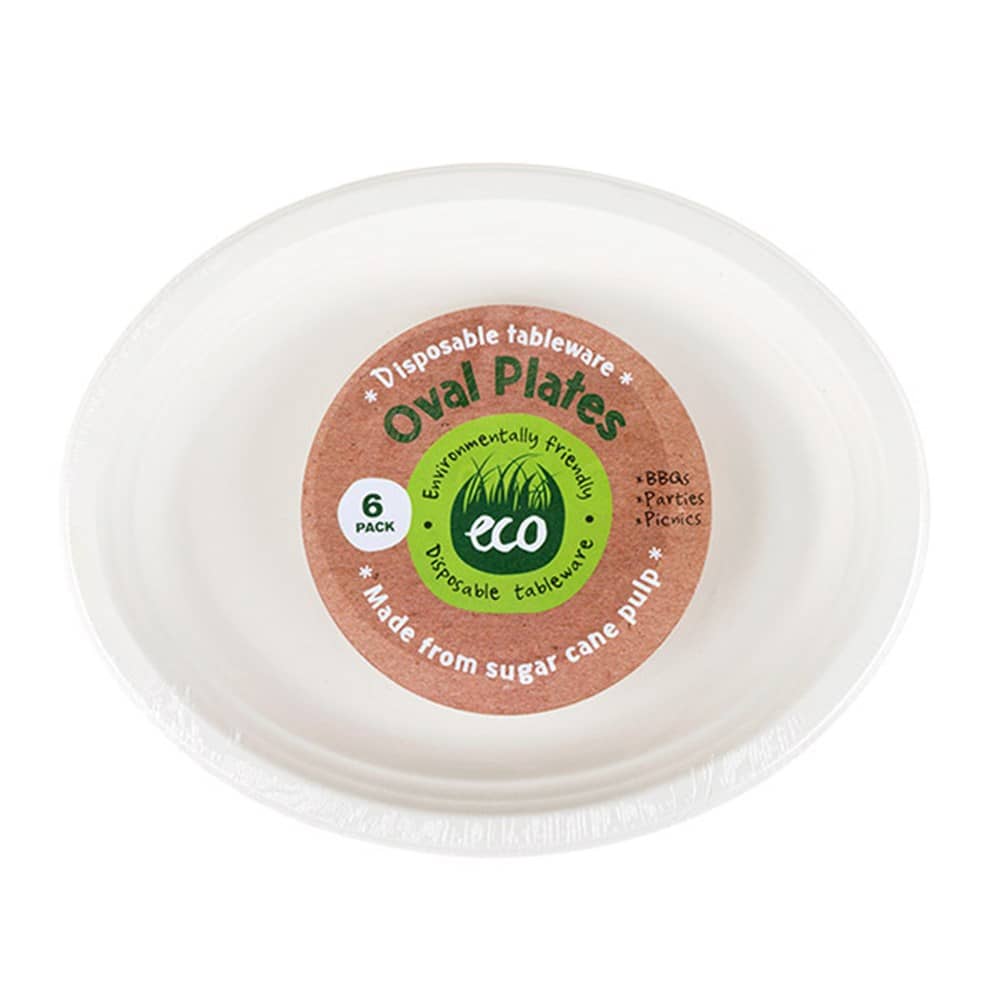 White Solid Colour Sugar Cane Oval Plates 30x23cm 6pk Eco Friendly - Party Owls